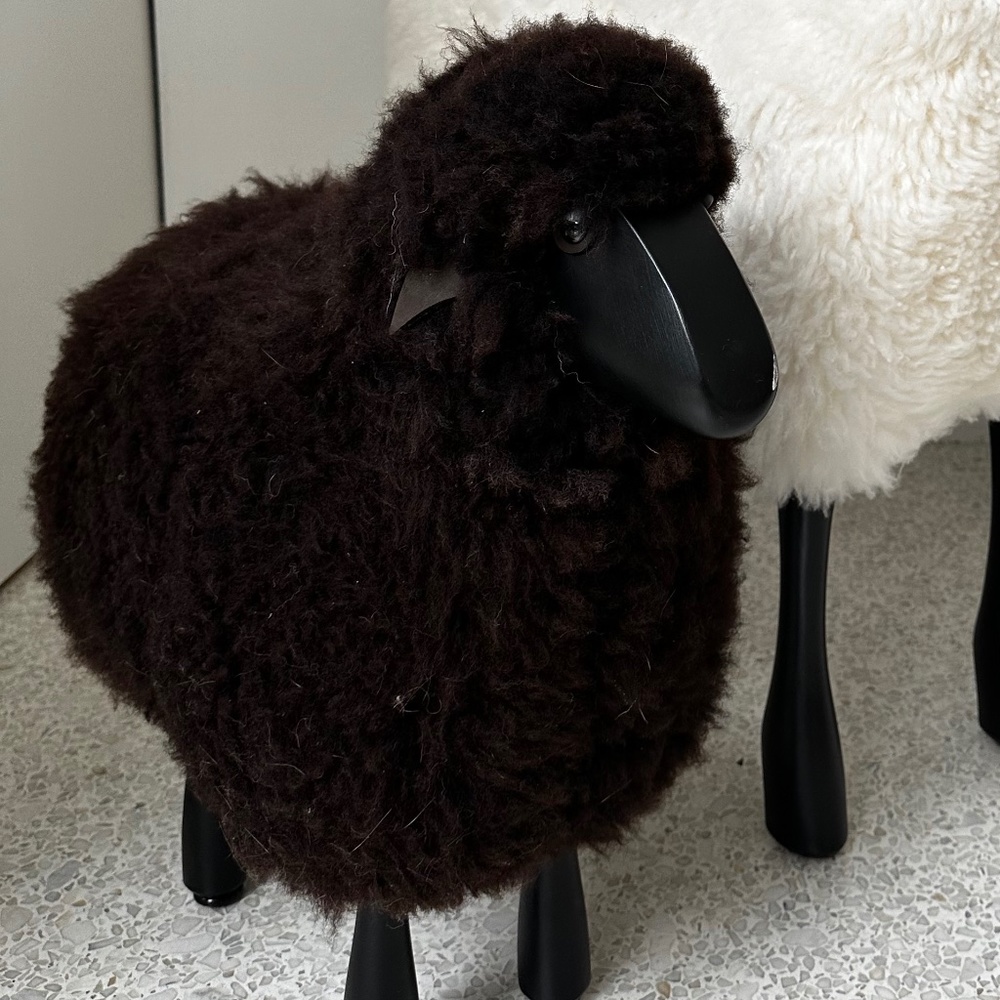 Small Sheep Stool with Black Fur and Black Wood